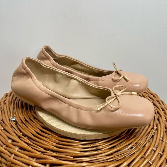 Stuart Weitzman Bardot Leather Ballet Flats Square Toe Bow Tan Nude Neutral 7 - Picture 8 of 8